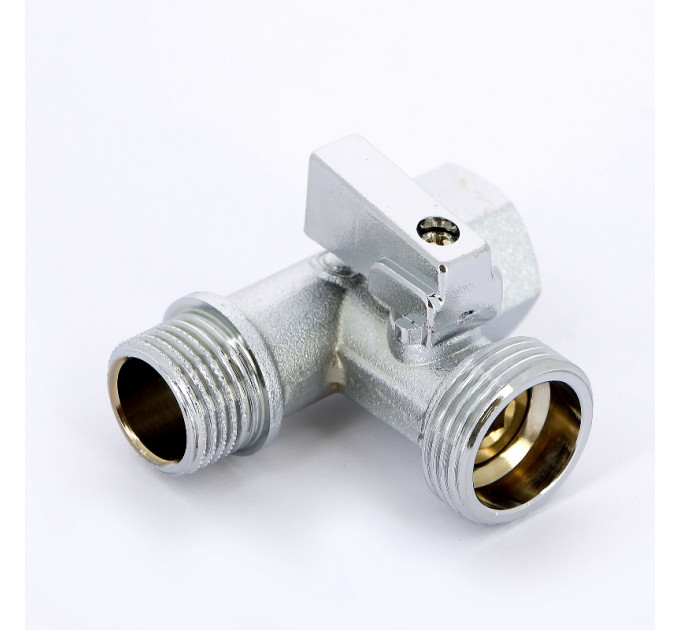 Кран шаровой для стиральных машин UNI-FITT ННВ 1/2" x 3/4" х 1/2" проходной, флажок, хромированный угловой