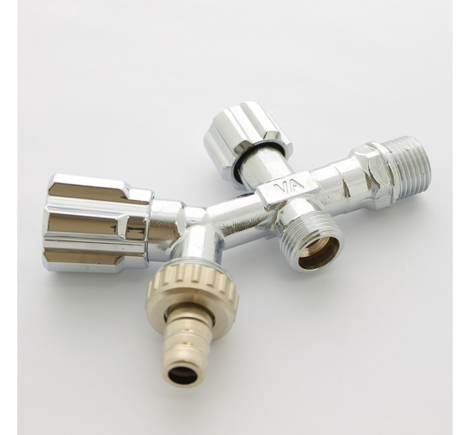 Вентиль двойной Н 1/2" х 1/2" х 3/4" Uni-Fitt для подкл. бачков / смес, со штуцером хром