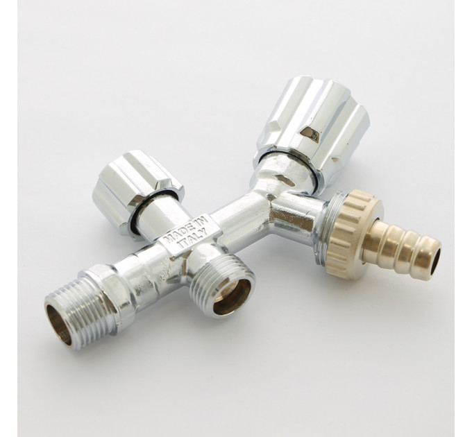 Вентиль двойной Н 1/2" х 1/2" х 3/4" Uni-Fitt для подкл. бачков / смес, со штуцером хром