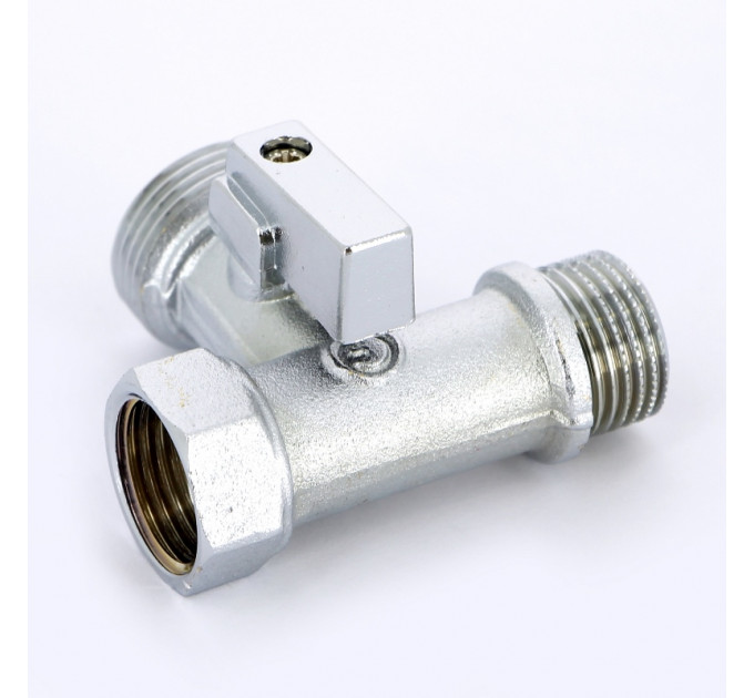 Кран шаровой для стиральных машин UNI-FITT ННВ 1/2" x 3/4" х 1/2" проходной, флажок, хромированный угловой