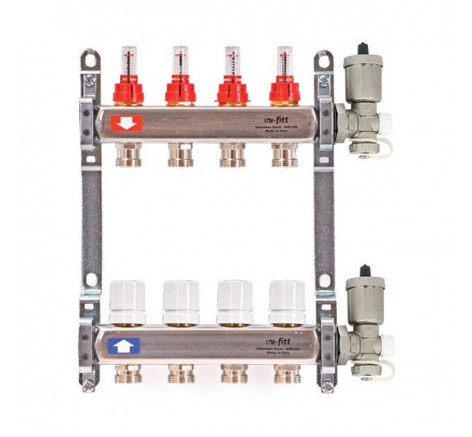 Коллекторная группа 1" Uni-Fitt 450A нерж. сталь 4 выхода 3/4" с расходомерами и термостатическими вентилями с авт.воздухоотводчиком
