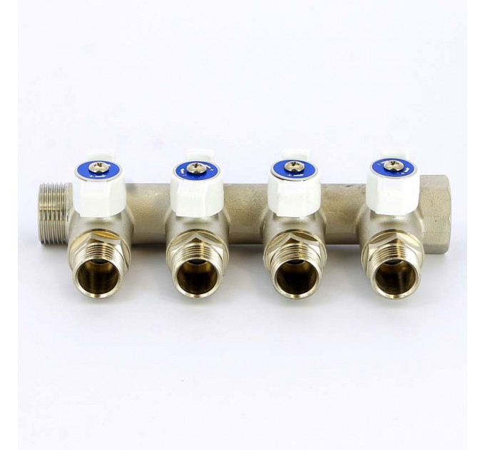Коллектор НВ 3/4" с кранами никелированный UNI-FITT 4 выхода 1/2"Н 40мм