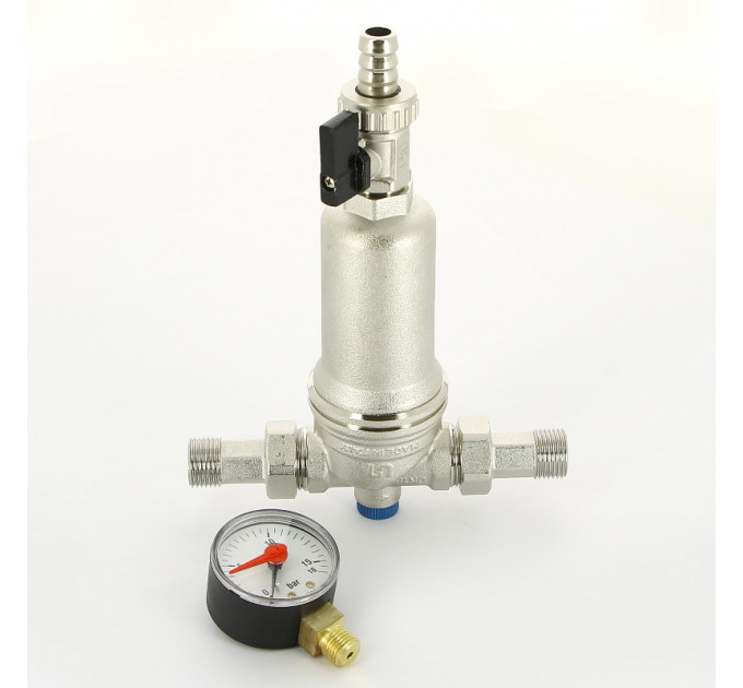 Фильтр промывной Uni-Fitt ВН 1/2" х 3/4" с редукц. соед., со сливным шаровым краном и манометром, никелир.
