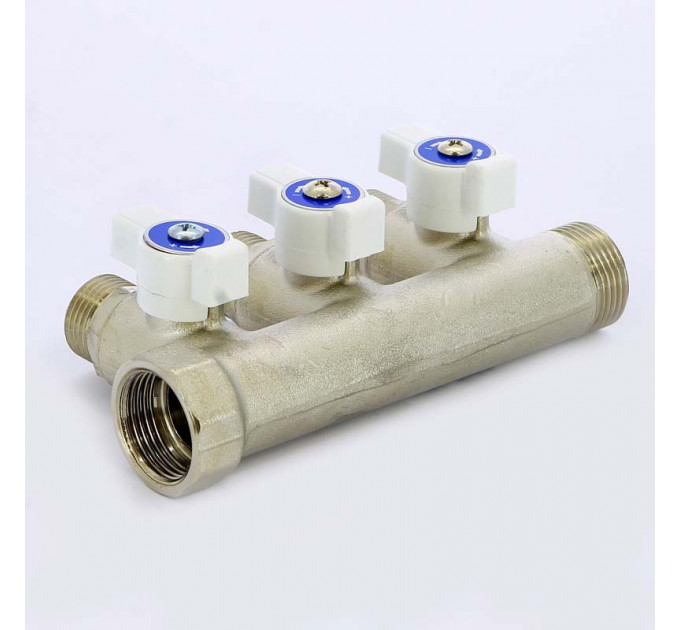 Коллектор НВ 3/4" с кранами никелированный UNI-FITT 3 выхода 1/2"Н 40мм