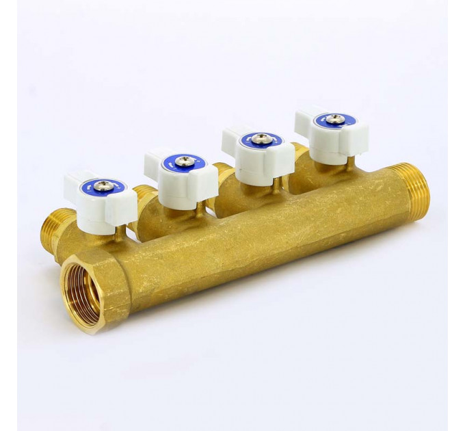 Коллектор НВ 3/4" с кранами UNI-FITT 4 выхода 1/2"Н 40мм