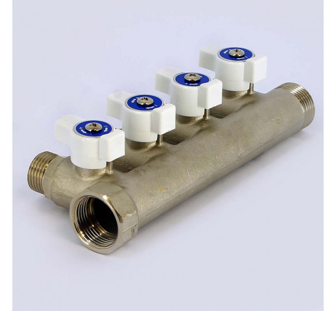 Коллектор НВ 3/4" с кранами никелированный UNI-FITT 4 выхода 1/2"Н 40мм