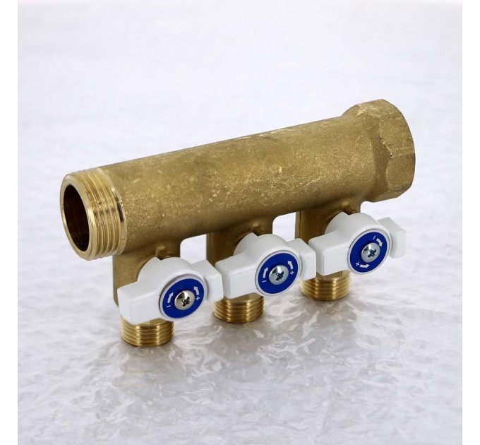 Коллектор НВ 1" с кранами UNI-FITT 3 выхода 1/2"Н 40мм