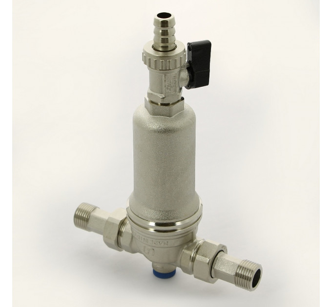 Фильтр промывной Uni-Fitt ВН 1/2" х 3/4" с редукц. соед., со сливным шаровым краном и манометром, никелир.