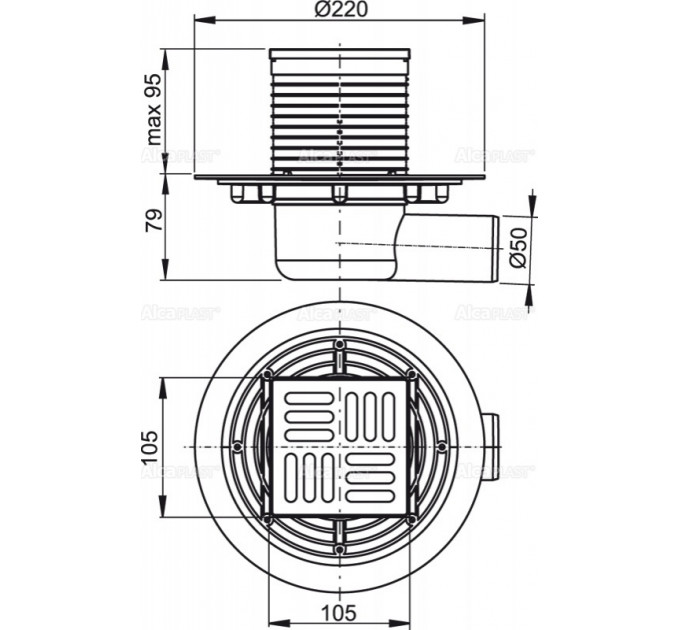 Alca Plast APV101 Сливной трап 105 × 105/50 с боковой подводкой