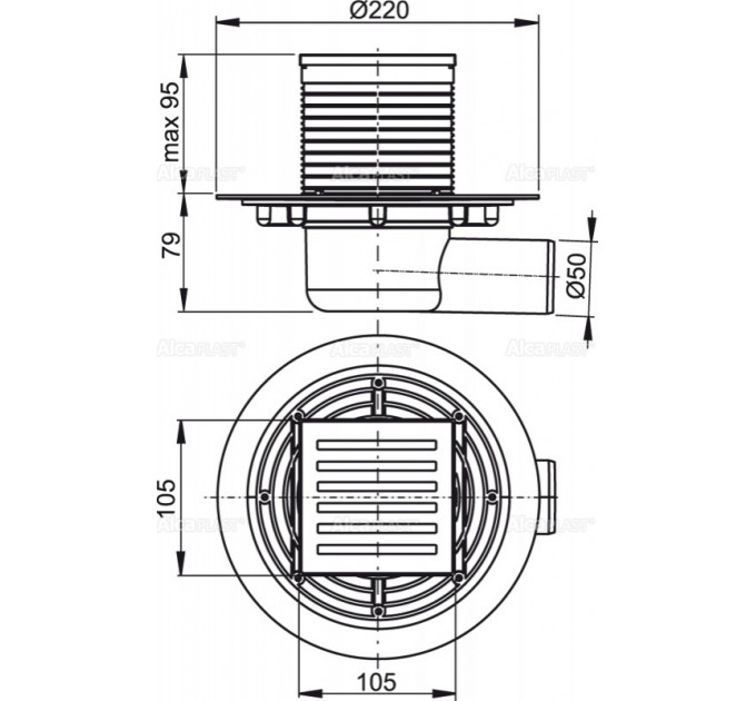 APV103 Сливной трап 105 × 105/50