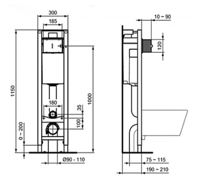 Встраиваемая инсталляция для монтажа подвесных унитазов PROSYS ECO FRAME M (E2332AA) - с хромированной механической панелью Oleas M2 (R0121AA)
